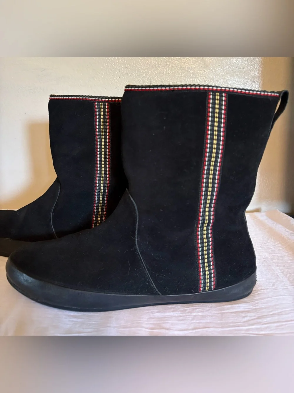 GAP Black Suede Mid-Calf Boots with Red and Yellow Stripe Detail